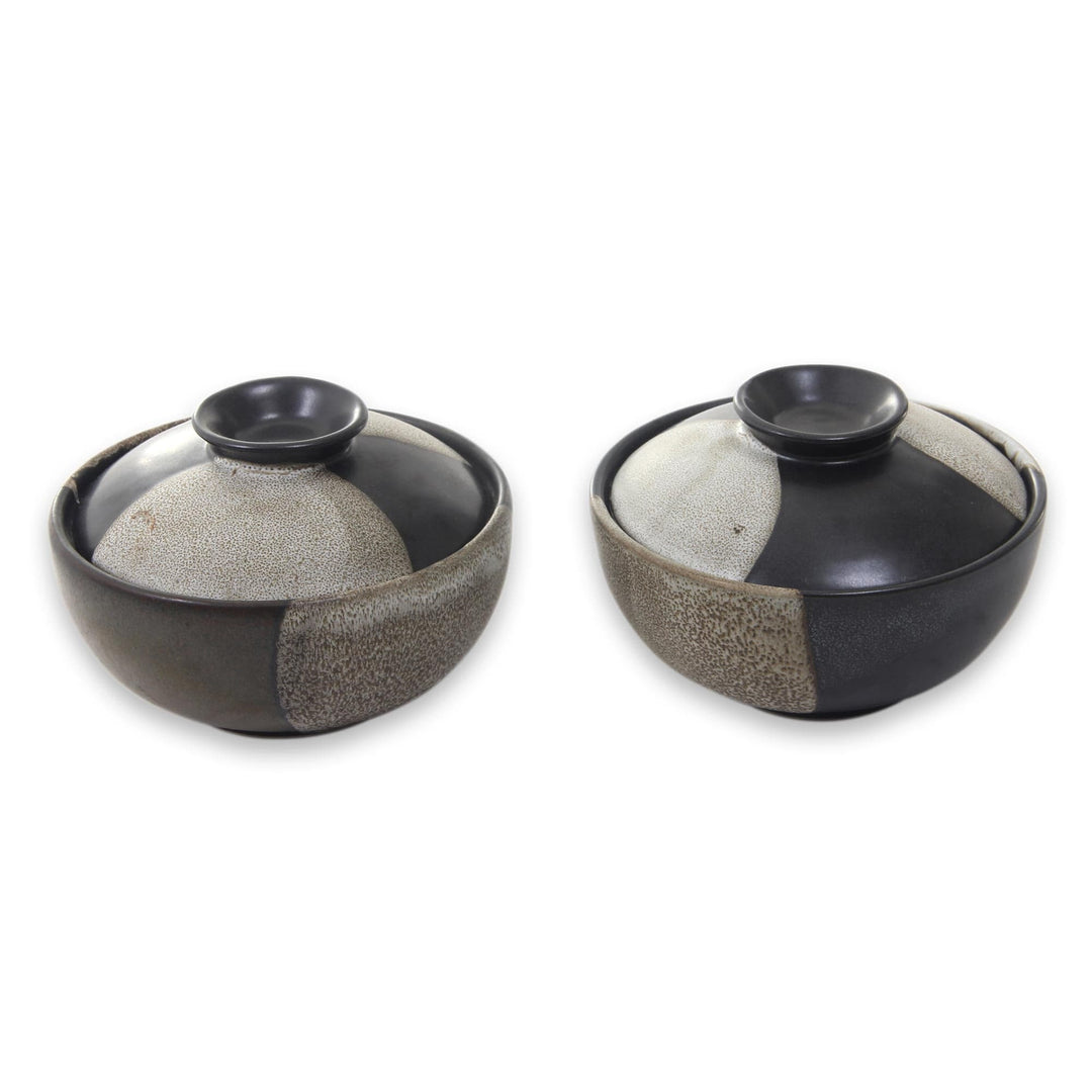 Black and Grey Ceramic Bowls and Lids (Pair) - Bold Contrasts