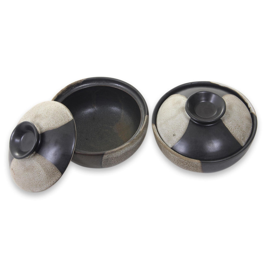 Black and Grey Ceramic Bowls and Lids (Pair) - Bold Contrasts