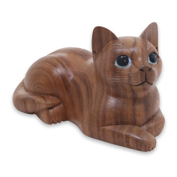 Hand Carved Wood Cat Sculpturenese Artisan - Short Haired Cat