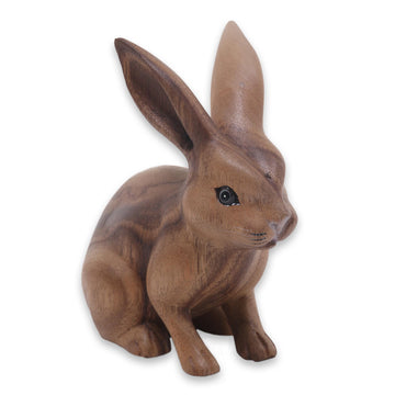 Hand Carved Wooden Rabbit Statuette - Cute Ginger Rabbit