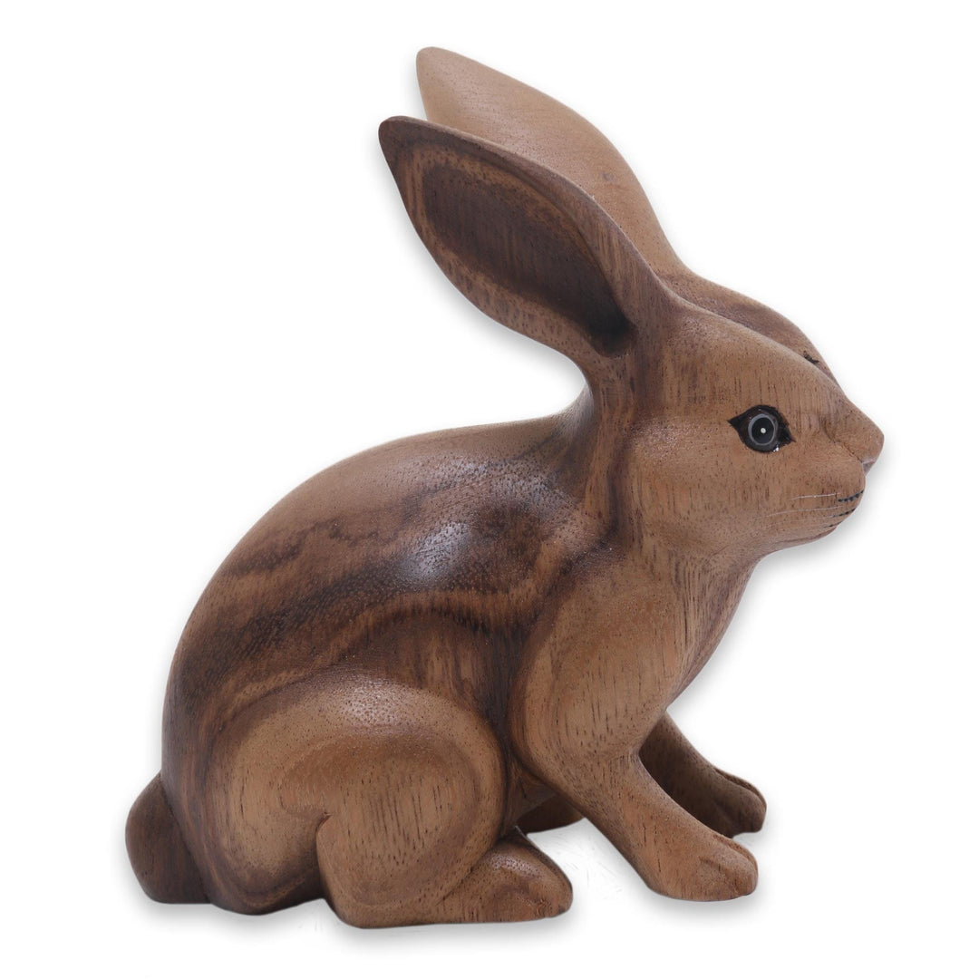 Hand Carved Wooden Rabbit Statuette - Cute Ginger Rabbit