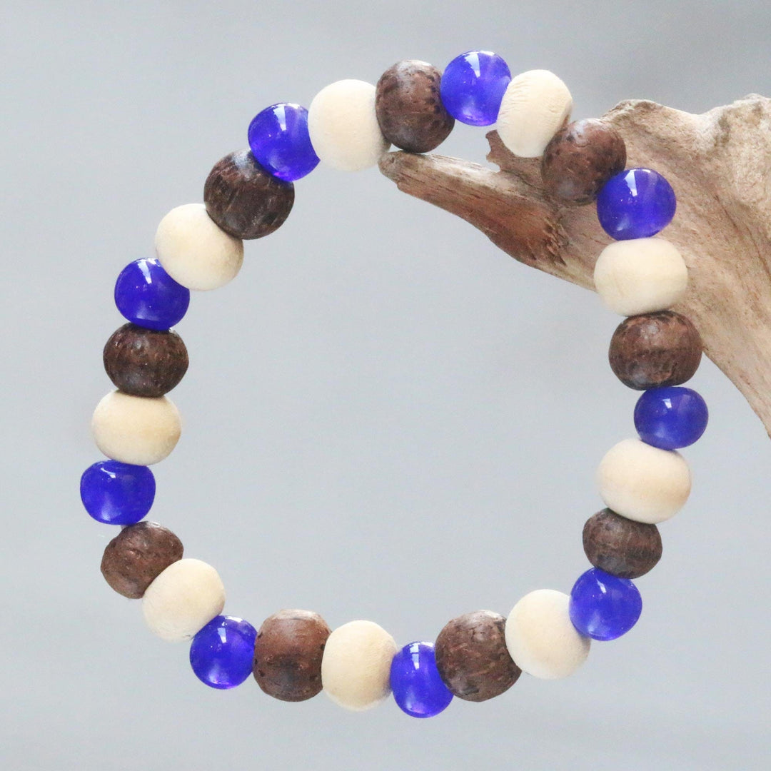 Handcrafted Stretch Bracelet with Ceramic and Wood Beads - Blue Connection