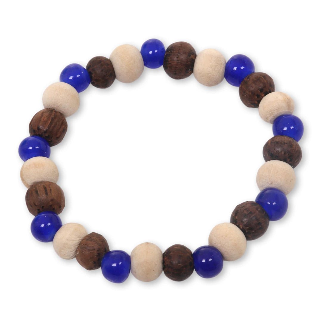 Handcrafted Stretch Bracelet with Ceramic and Wood Beads - Blue Connection