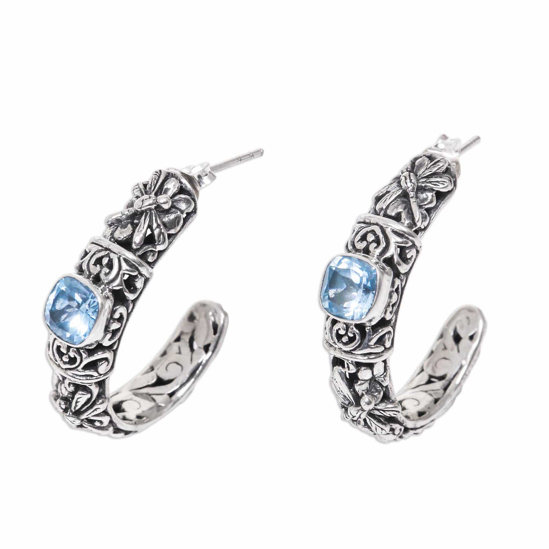 Blue Topaz Half Hoop Earrings in Sterling Silver - Frangipani Dragonflies