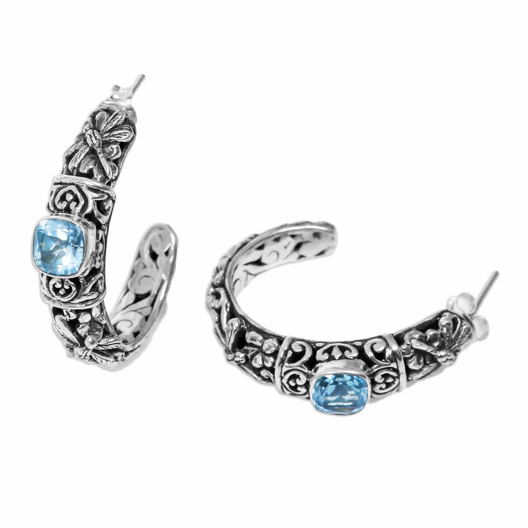 Blue Topaz Half Hoop Earrings in Sterling Silver - Frangipani Dragonflies