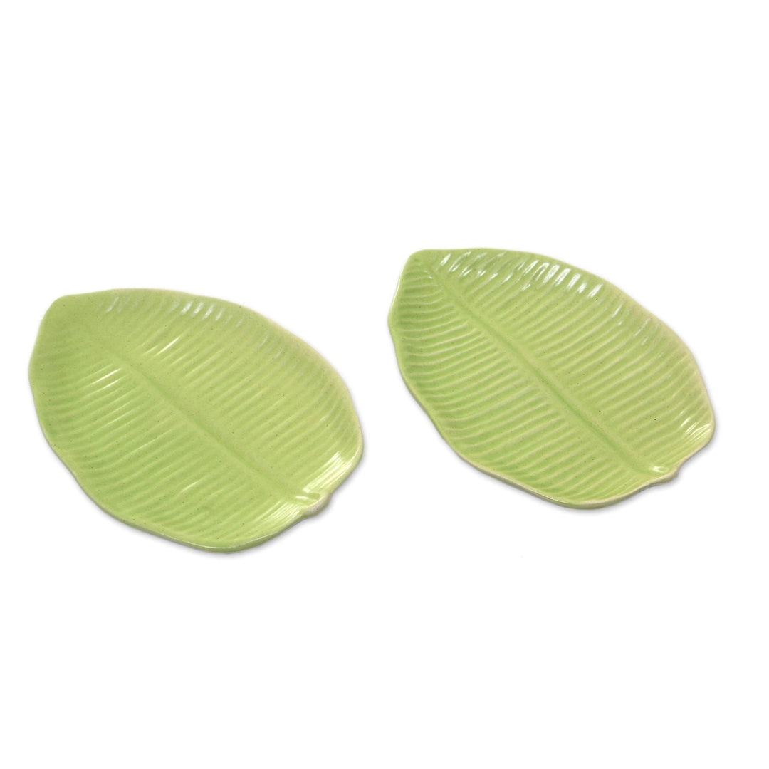 Green Ceramic 7-Inch Banana Leaf Canape Plates (Pair) - Jungle Banana Leaf