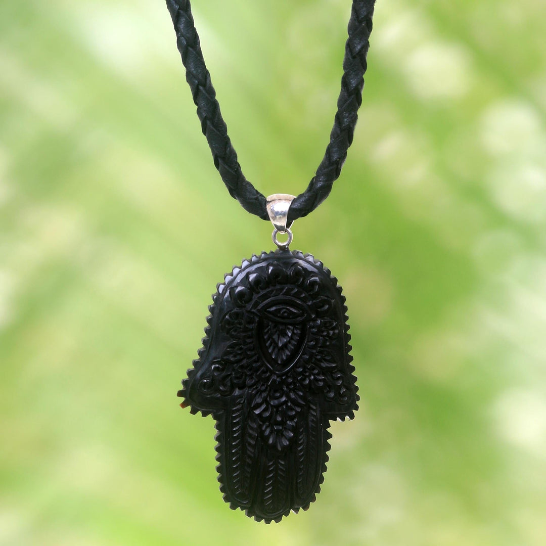 Artistic Hamsa Pendant Necklace in Horn and Black Leather - Hamsa Art