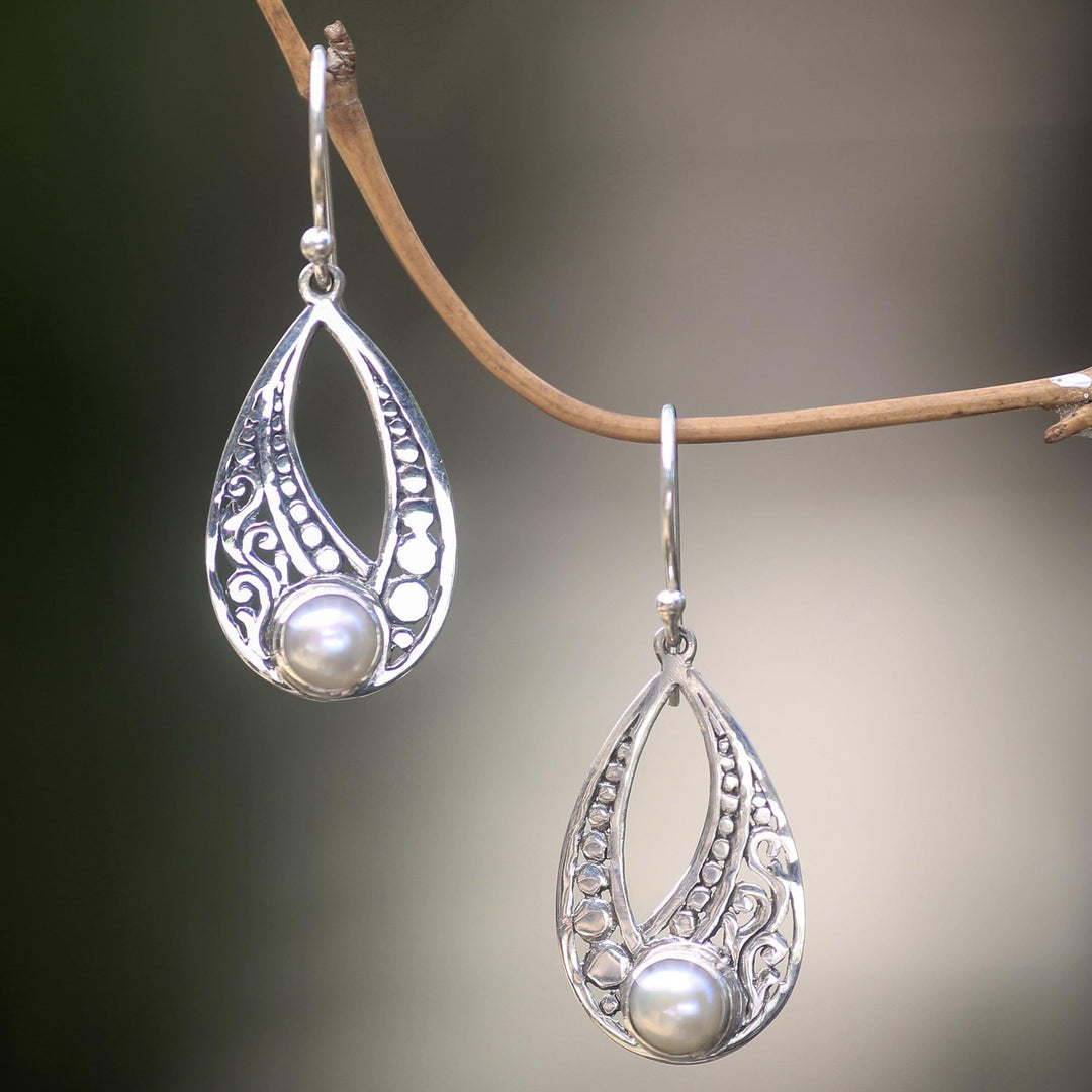 Sterling Silver Cultured Pearl Earrings with Cutout Motifs - Sweet Forest Moonlight