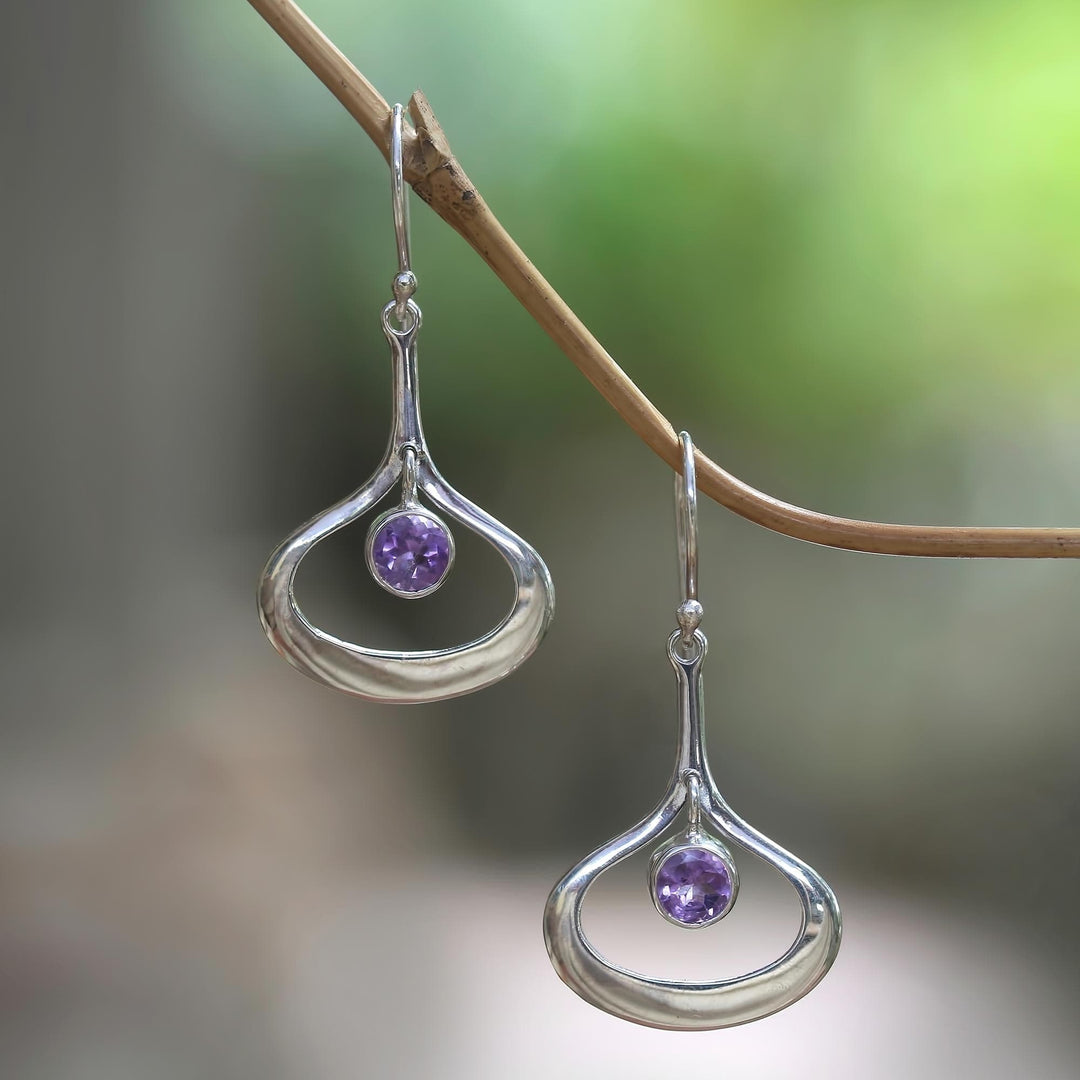 Modern Minimalist Silver Dangle Earrings with Amethyst - Raindrops