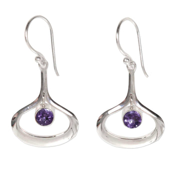 Modern Minimalist Silver Dangle Earrings with Amethyst - Raindrops