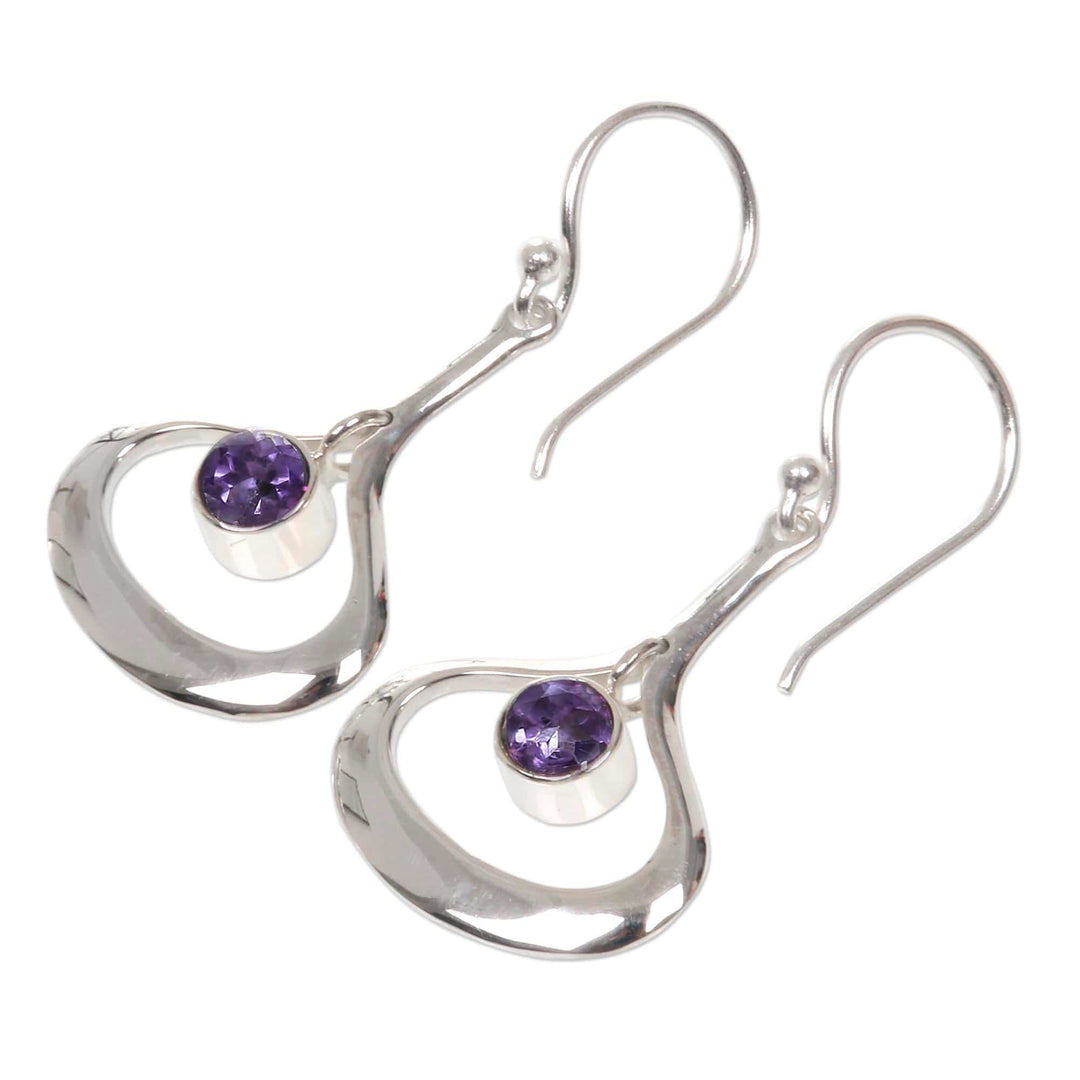 Modern Minimalist Silver Dangle Earrings with Amethyst - Raindrops