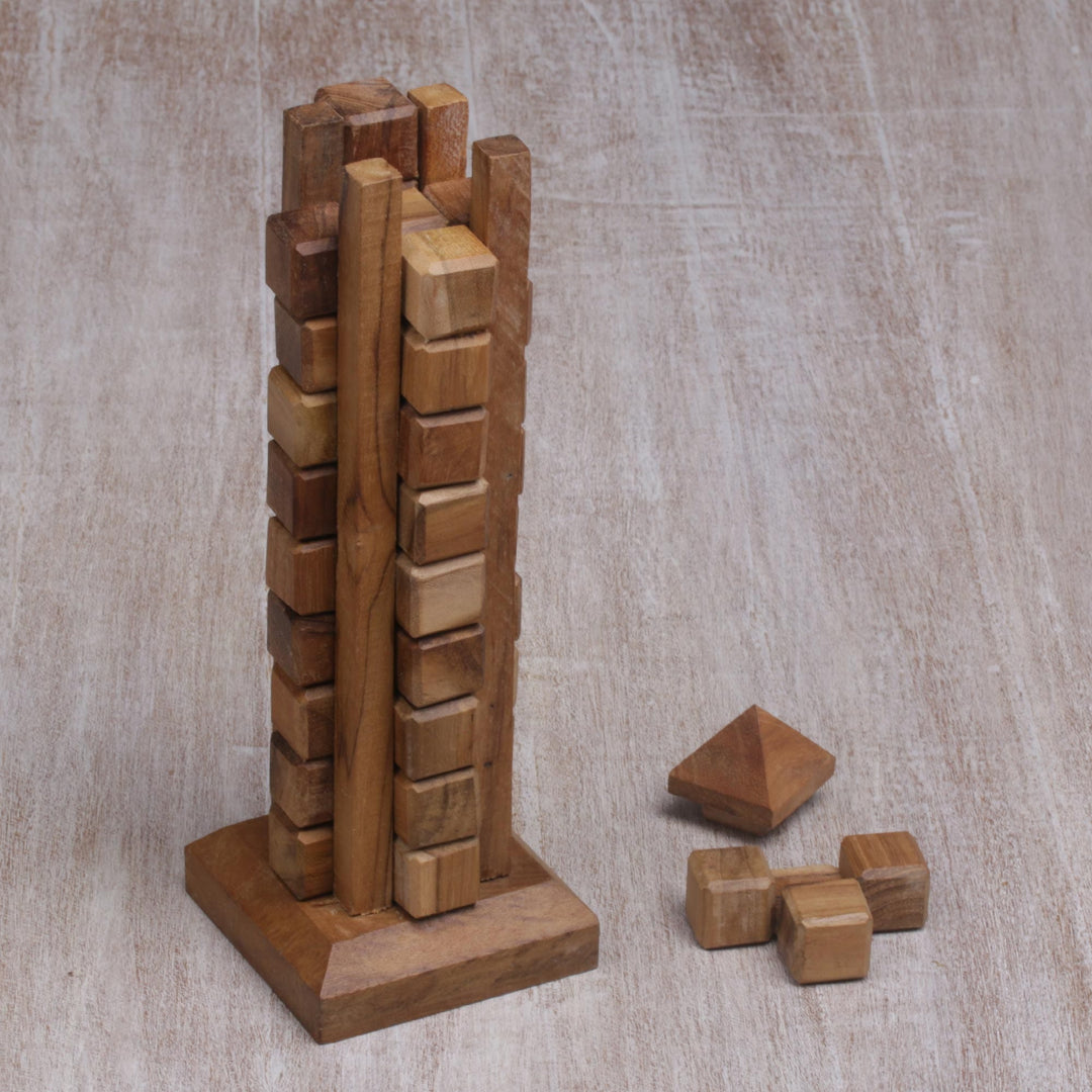 Handmade Javanese Recycled Teak Wood Desktop Puzzle - Tower