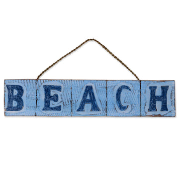 Hand Carved Beach Wood Sign Agel Grass from Indonesia - Beach in Sky Blue