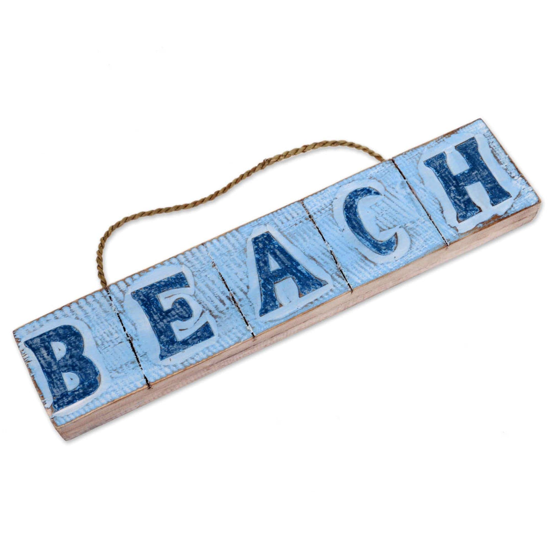 Hand Carved Beach Wood Sign Agel Grass from Indonesia - Beach in Sky Blue