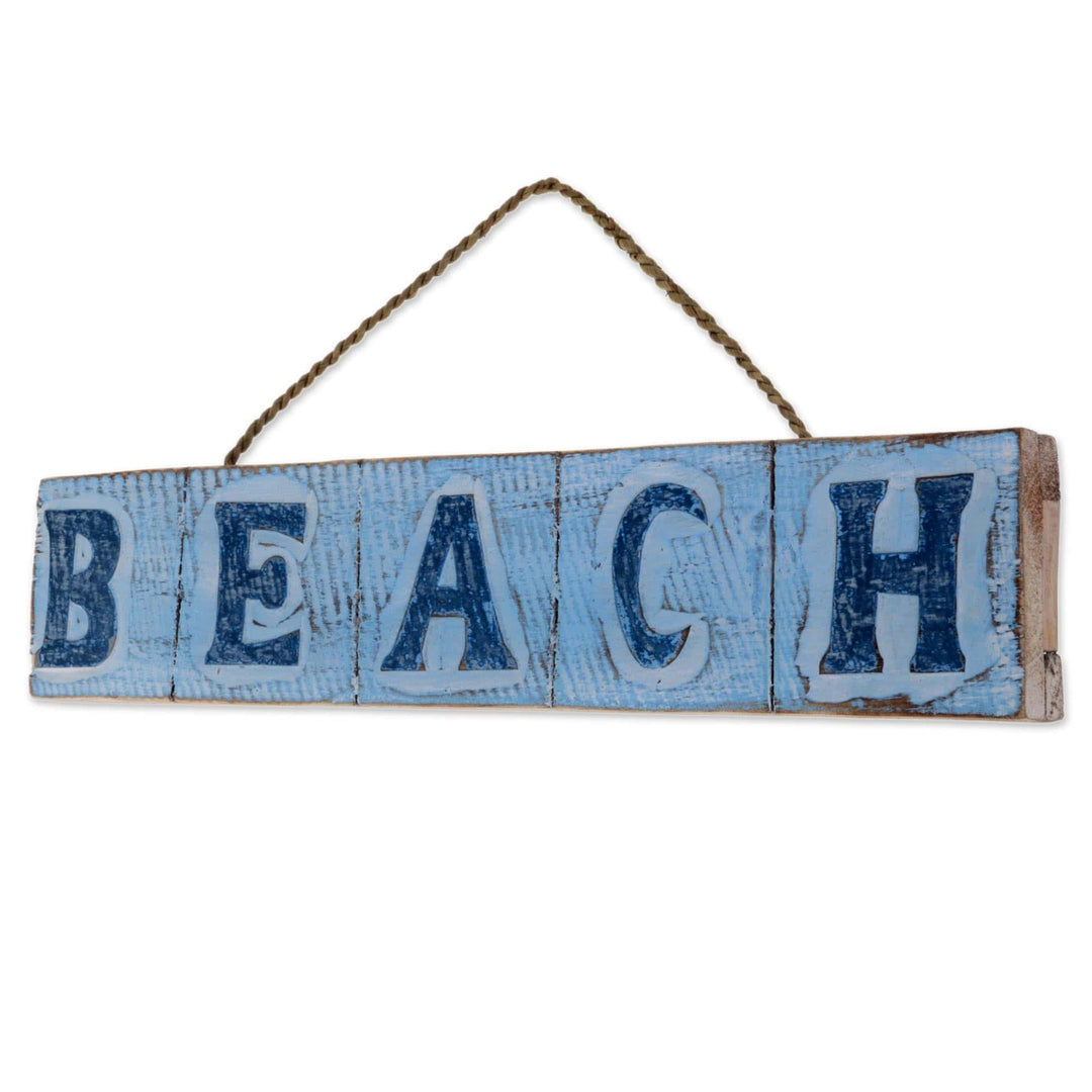 Hand Carved Beach Wood Sign Agel Grass from Indonesia - Beach in Sky Blue