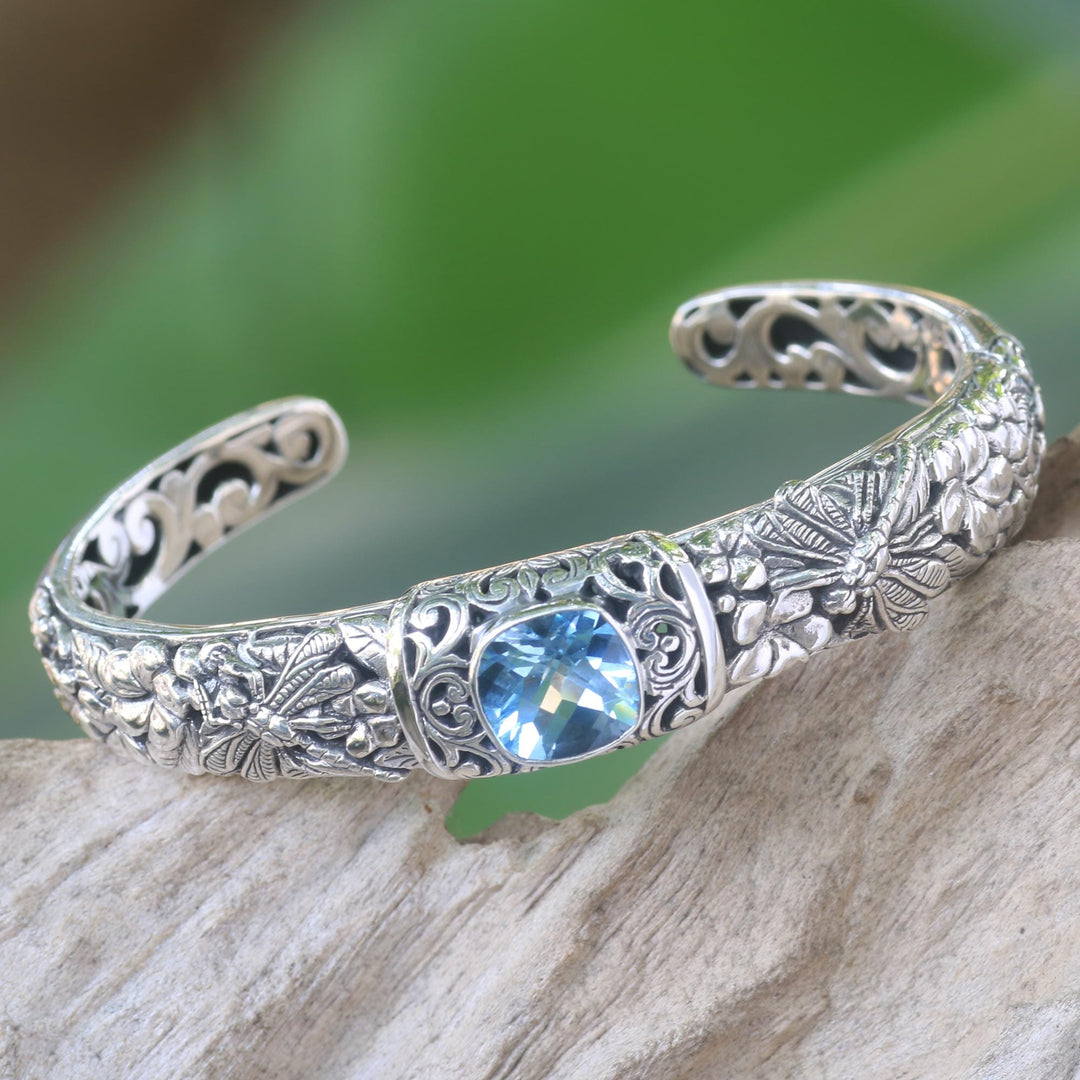 Blue Topaz and Sterling Silver Cuff Bracelet from Indonesia - Sacred Garden in Blue