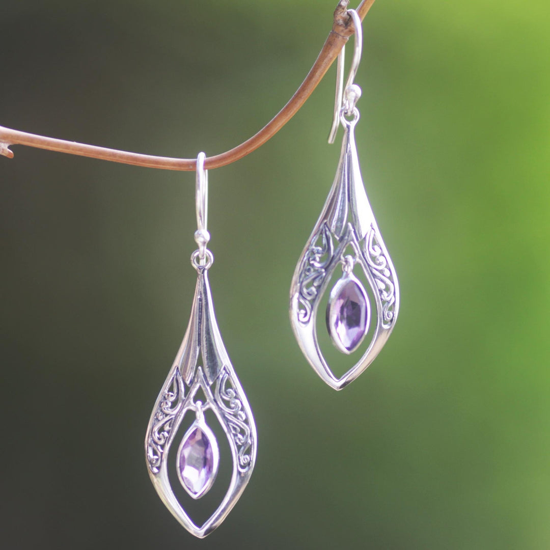 Sterling Silver Amethyst Dangle Earrings Indonesia - Purple Teardrops