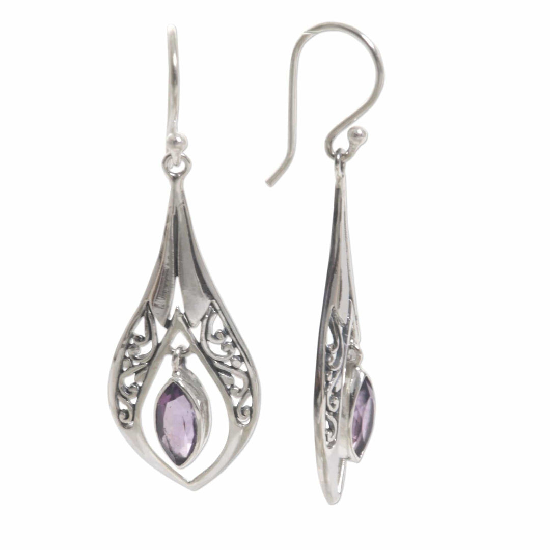 Sterling Silver Amethyst Dangle Earrings Indonesia - Purple Teardrops