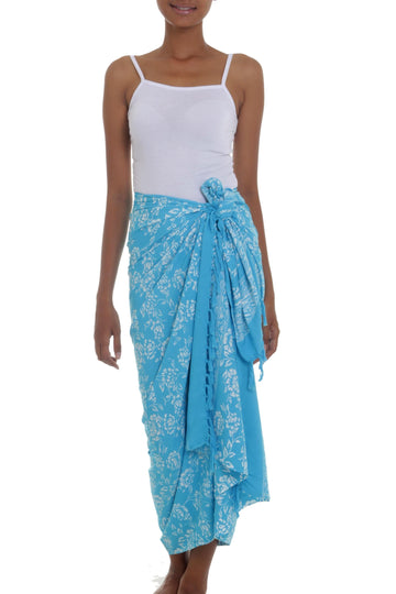 Cerulean Blue Rayon Batik Sarong with Fringed Ends - Tropical Garden in Cerulean