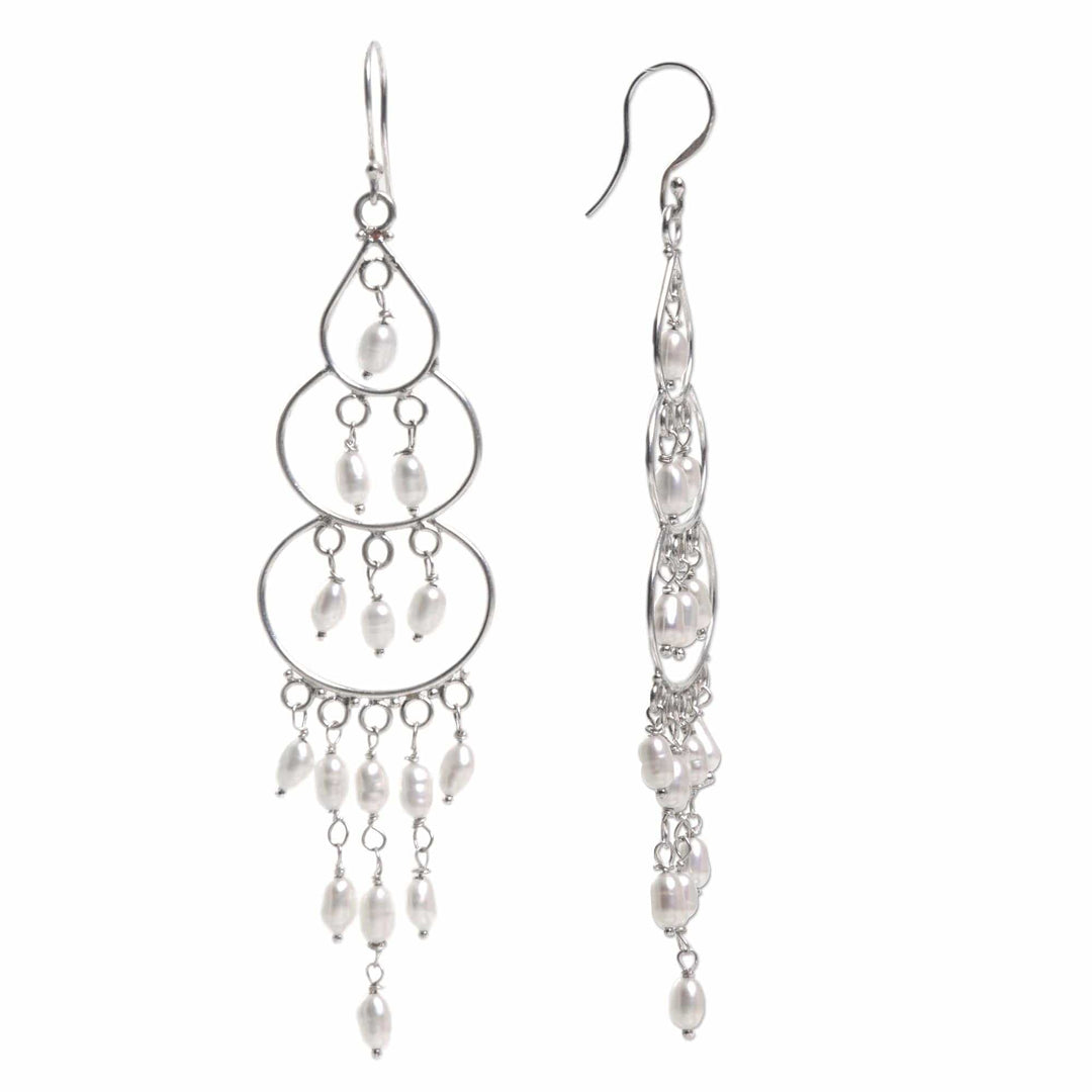 Sterling Silver Cultured Pearl Chandelier Earrings Indonesia - Moonlit Orbs