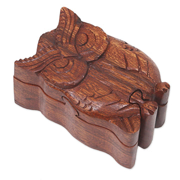 Hand Carved Wood Puzzle Box Owl Shape from Indonesia - Serious Owl