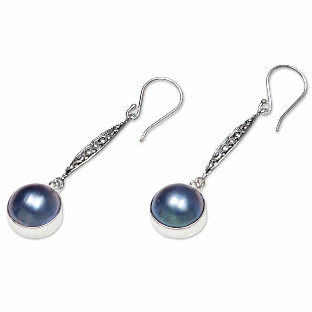 Cultured Mabe Pearl and Sterling Silver Dangle Earrings - Twilight Blue