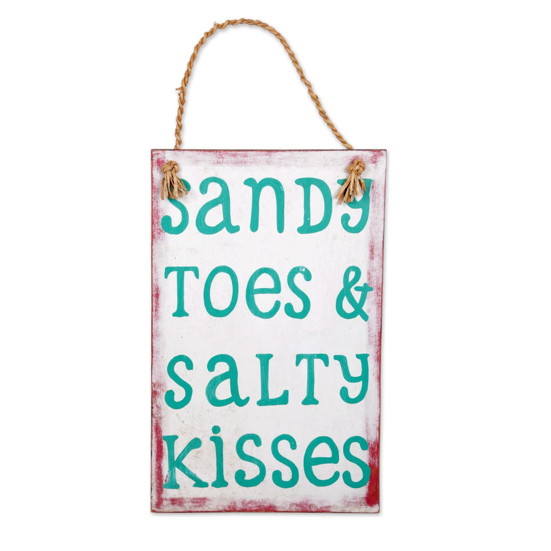 White Wood Beach Sign from Indonesia - Sandy Toes and Salty Kisses