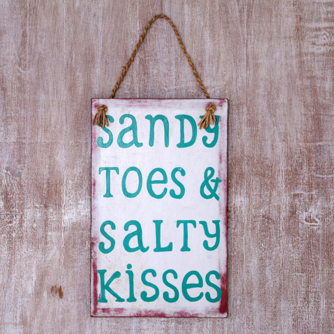 White Wood Beach Sign from Indonesia - Sandy Toes and Salty Kisses