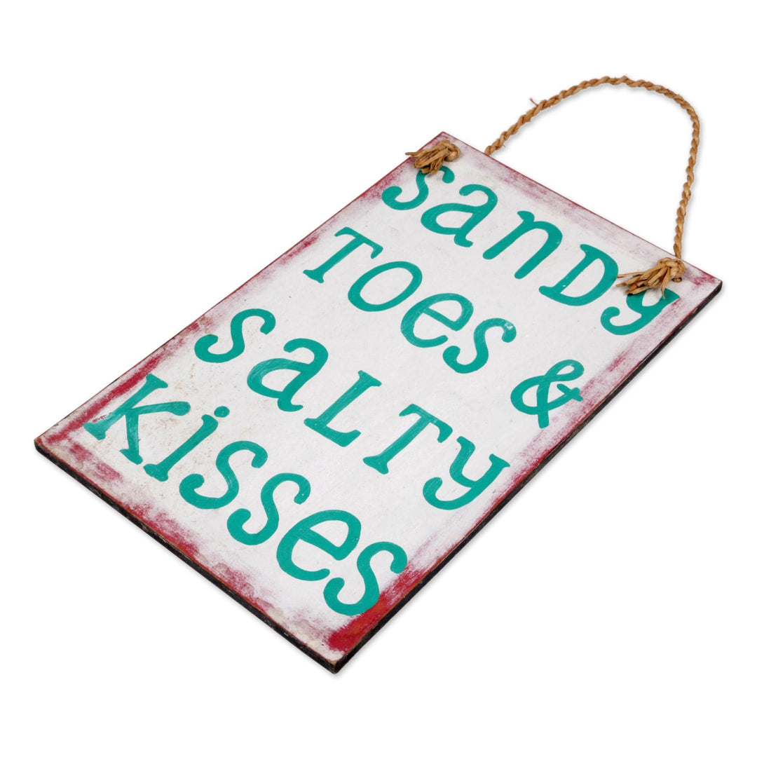 White Wood Beach Sign from Indonesia - Sandy Toes and Salty Kisses