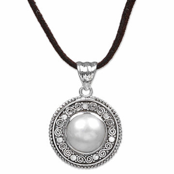 Cultured Mabe Pearl and Leather Cord Pendant Necklace - White Orb