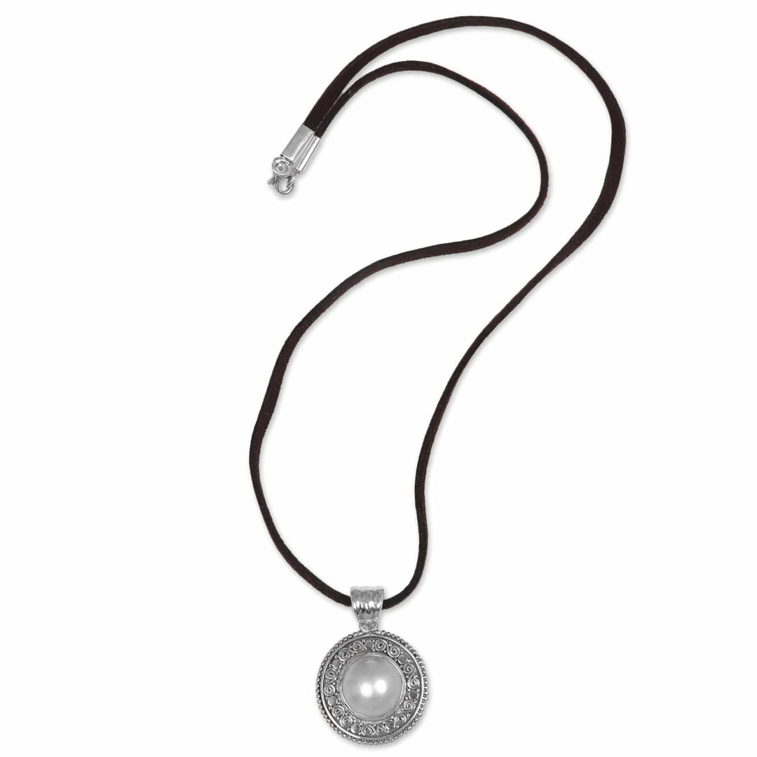 Cultured Mabe Pearl and Leather Cord Pendant Necklace - White Orb