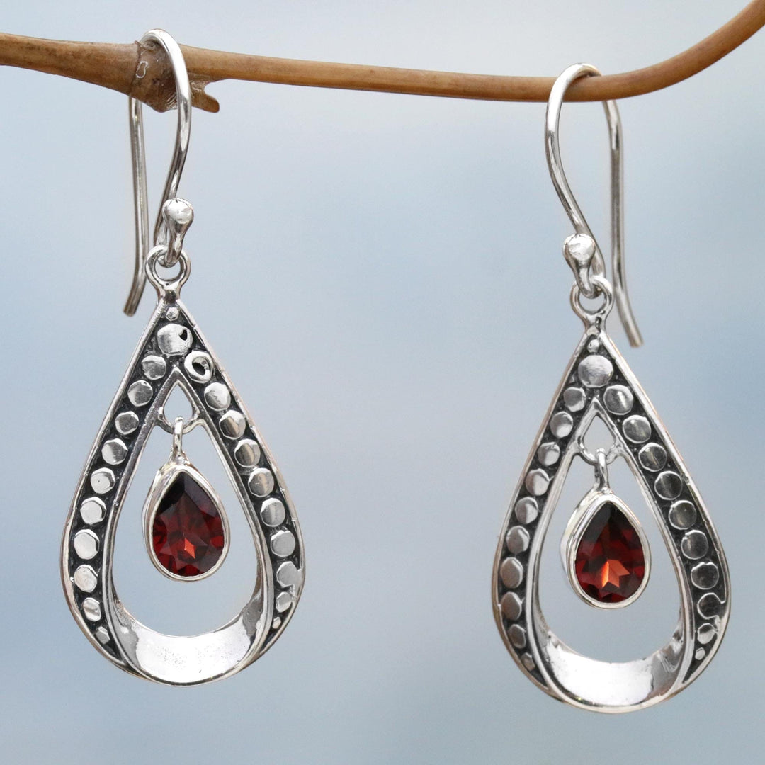 Sterling Silver and Garnet Dangle Earrings from Indonesia - Charming Tears in Red