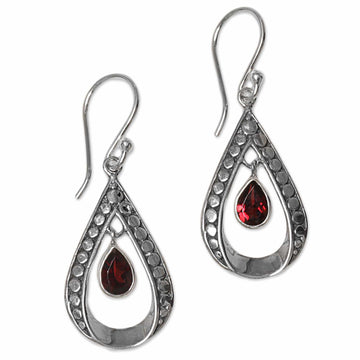 Sterling Silver and Garnet Dangle Earrings from Indonesia - Charming Tears in Red