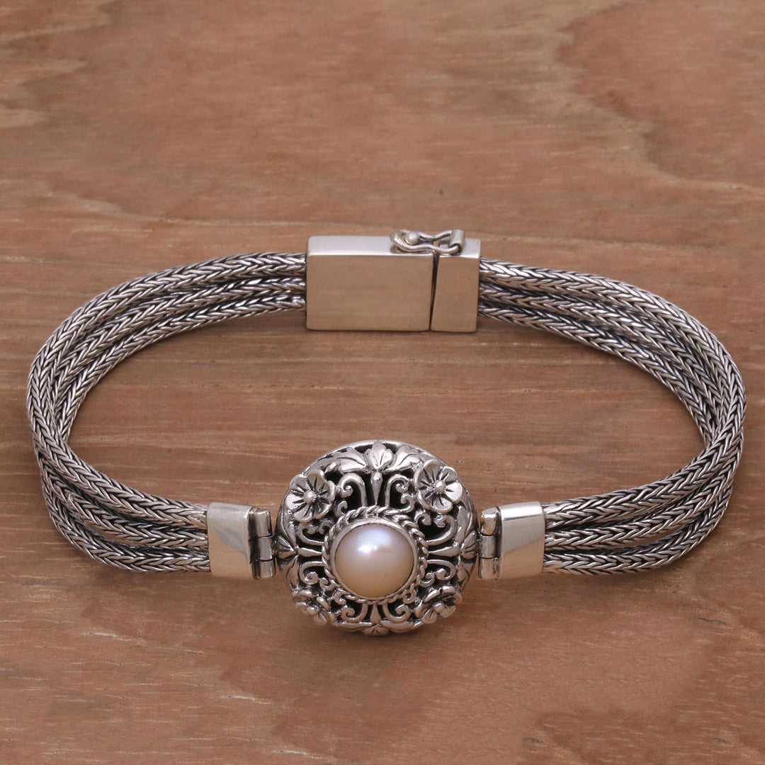 Silver and Cultured Pearl Floral Bracelet - Floral Nobility