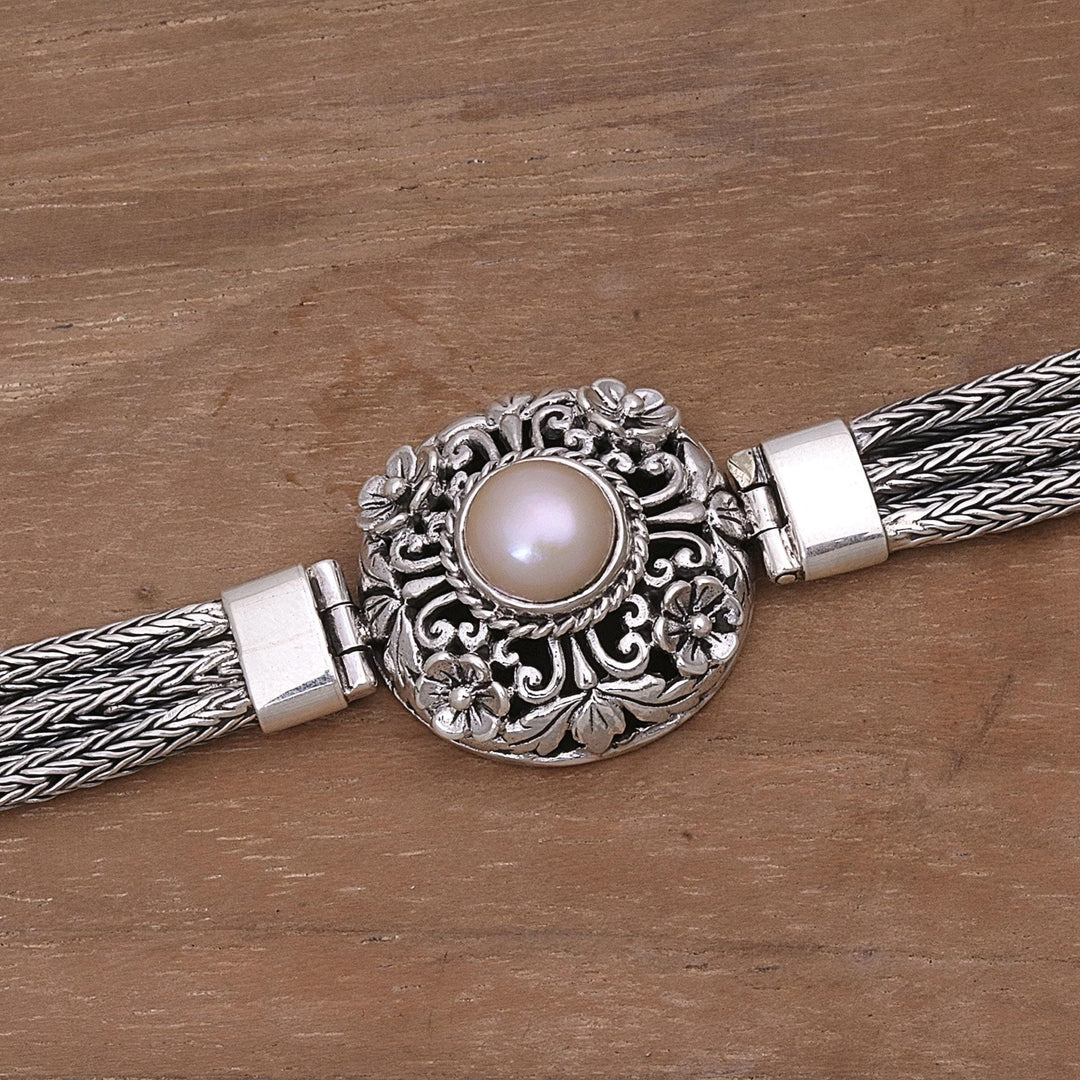 Silver and Cultured Pearl Floral Bracelet - Floral Nobility