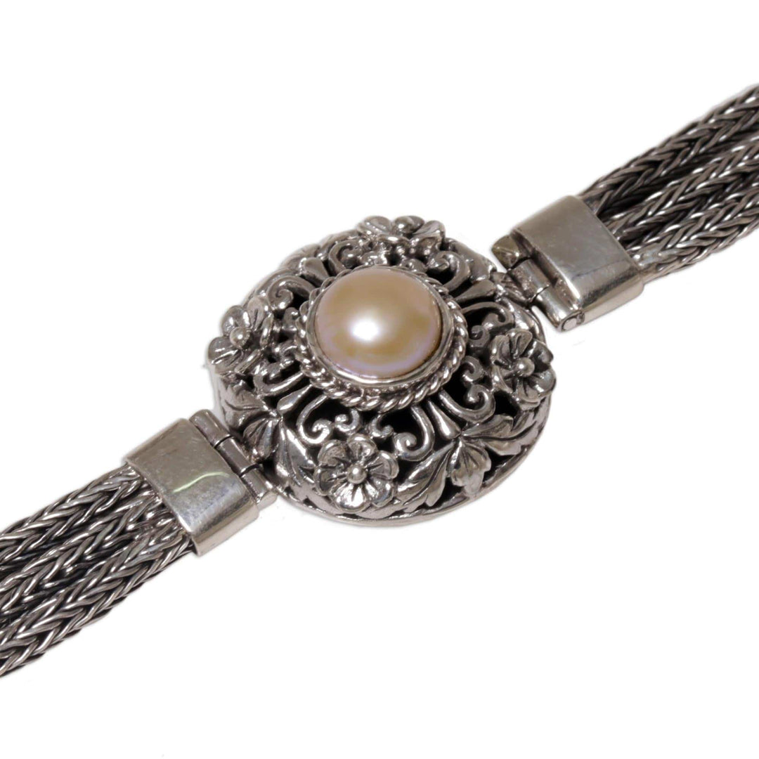 Silver and Cultured Pearl Floral Bracelet - Floral Nobility