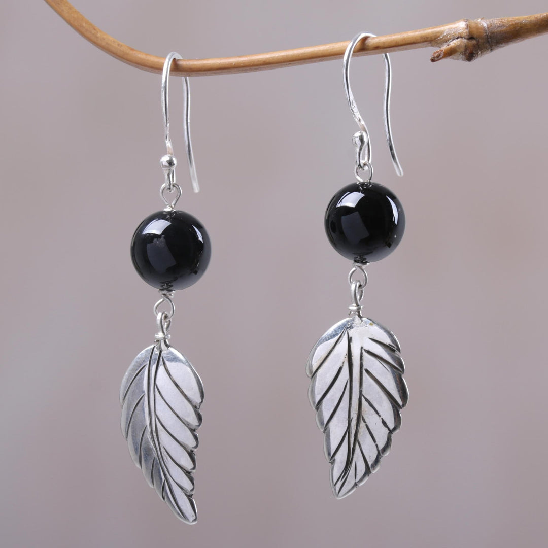Black Onyx Leaf Dangle Earrings from Indonesia - Lucky Manggis