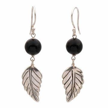 Black Onyx Leaf Dangle Earrings from Indonesia - Lucky Manggis