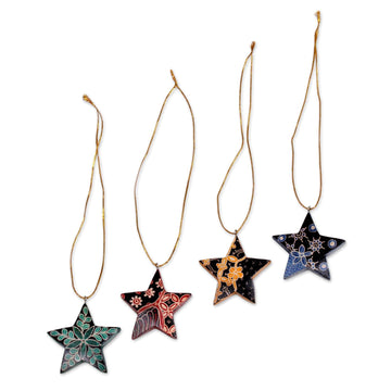 Four Batik Wood Star Ornaments by Artisans - Bali Stars