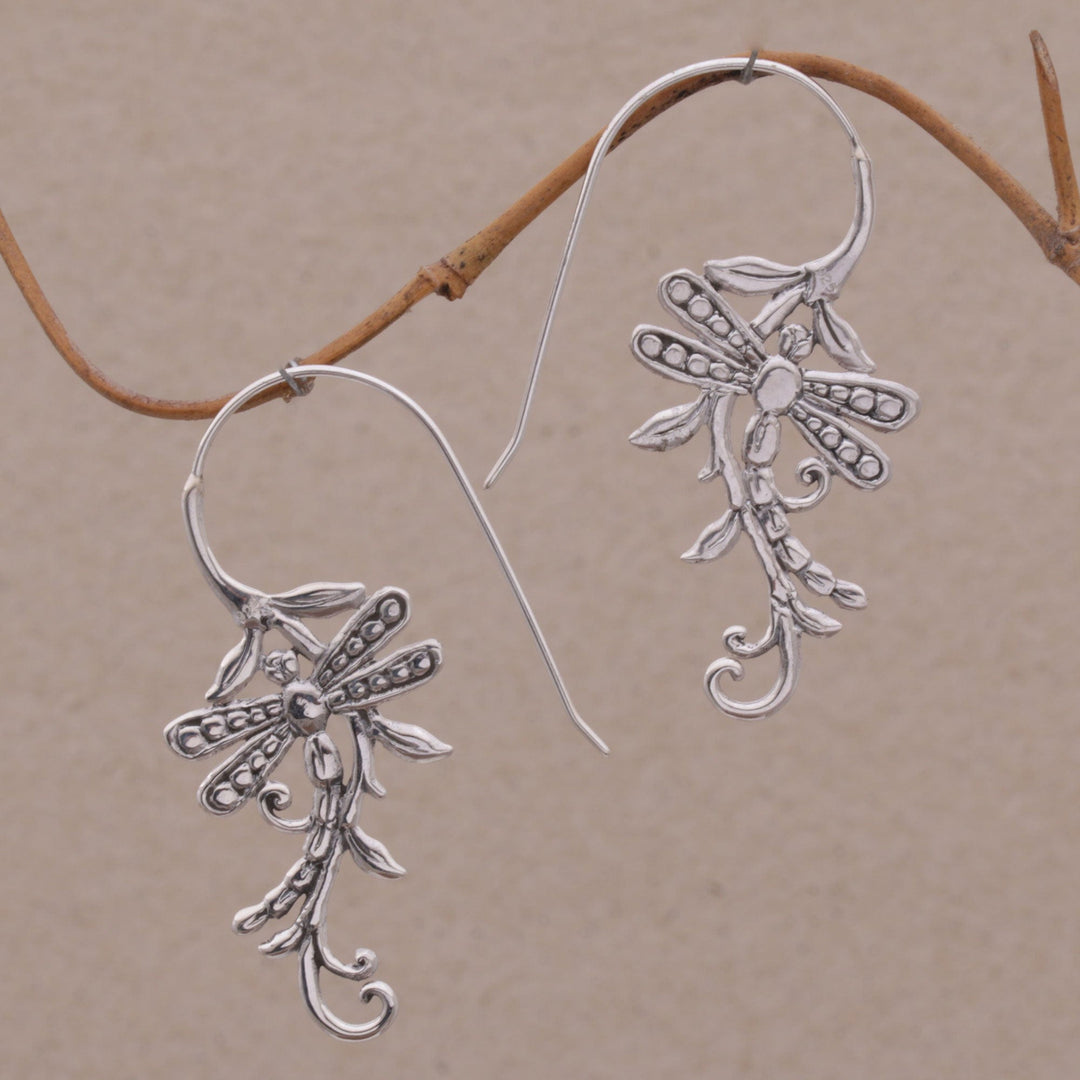 Indonesian Handmade Sterling Silver Dragonfly Drop Earrings - Dragonfly Allure