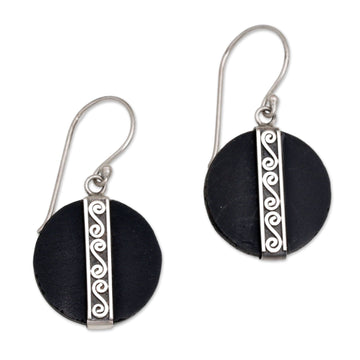 Sterling Silver and Lava Stone Spiral Motif Dangle Earrings - Gerhana Majesty