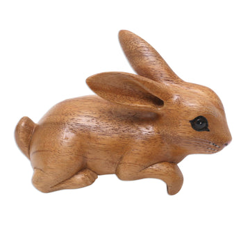 Handcrafted Suar Wood Rabbit Sculpture in Brown - Curious Rabbit in Brown