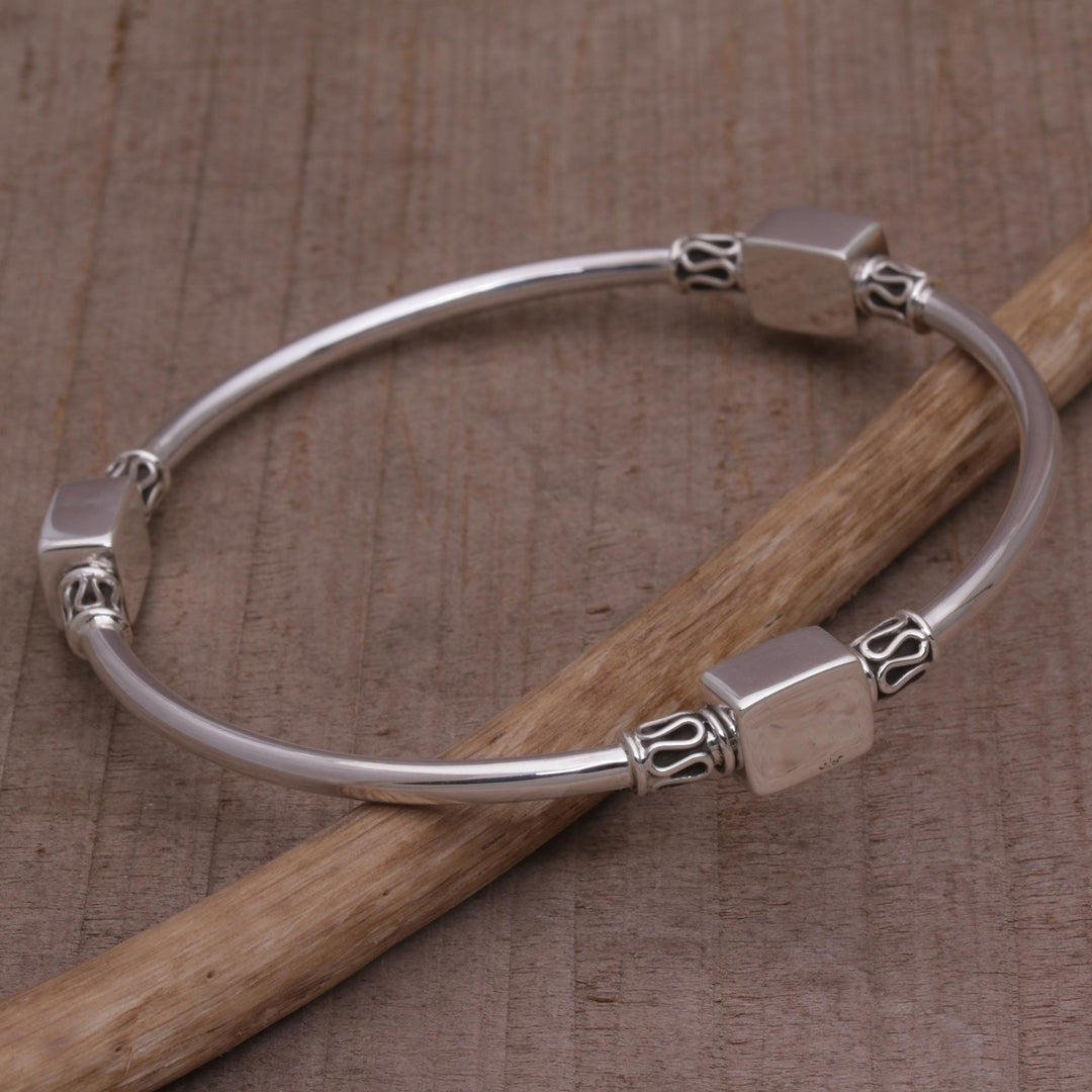 Sterling Silver Square Shape Bangle Bracelet - Square Reflection