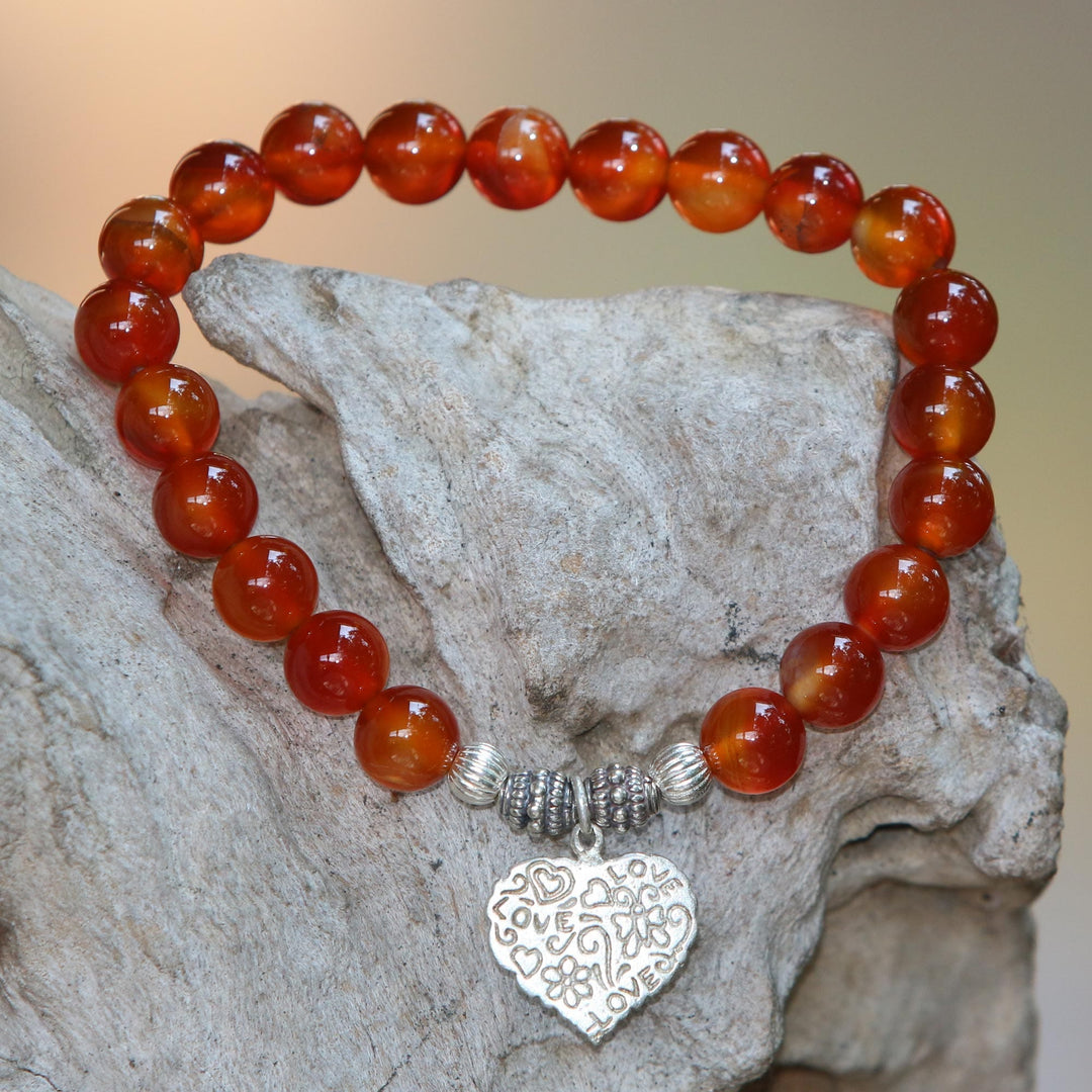 Red Carnelian Heart Charm Beaded Bracelet - Loving Fantasy