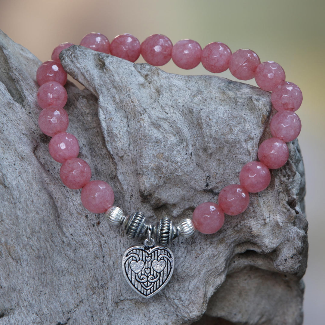 Pink Agate and Heart Charm Beaded Bracelet - Sentimental Charm