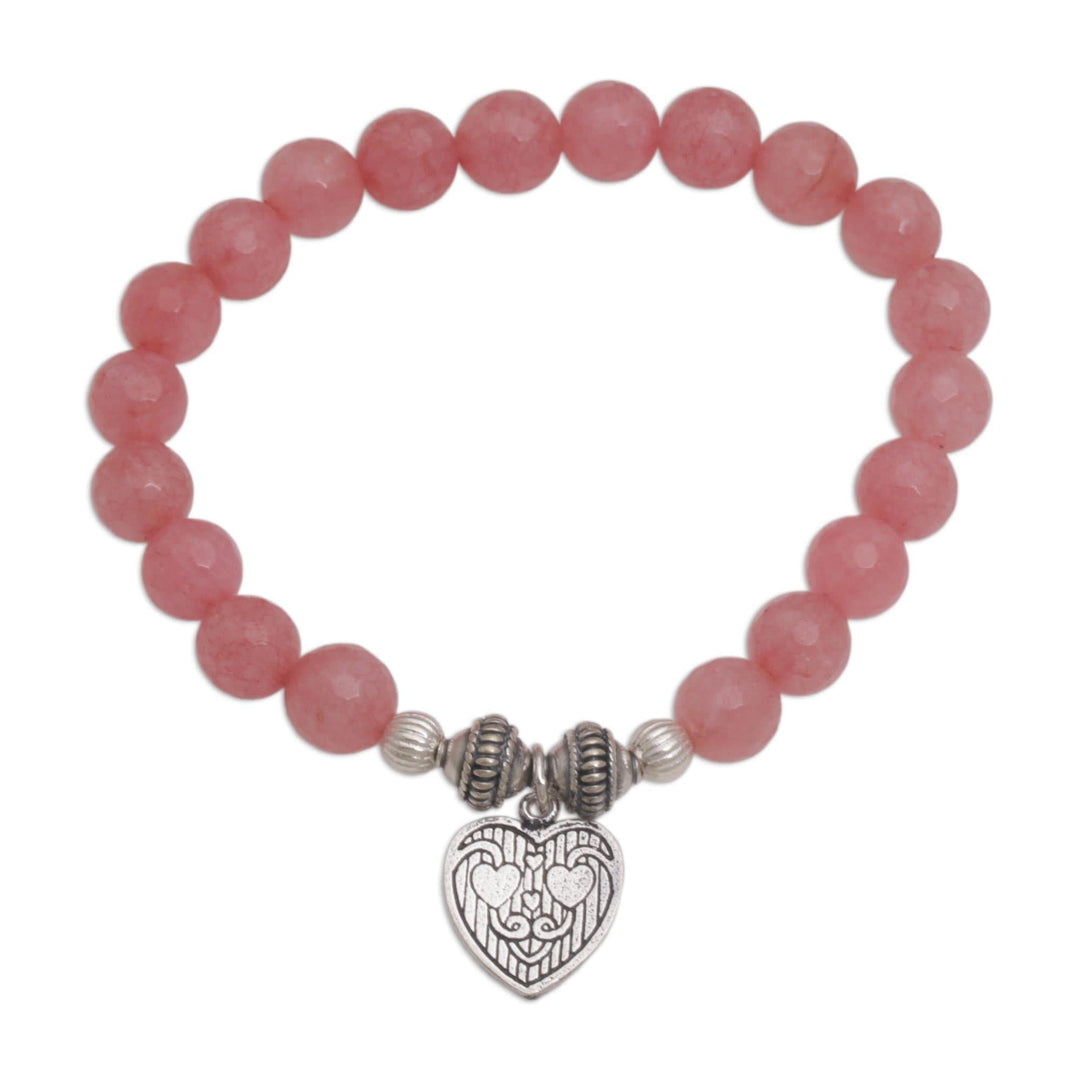 Pink Agate and Heart Charm Beaded Bracelet - Sentimental Charm