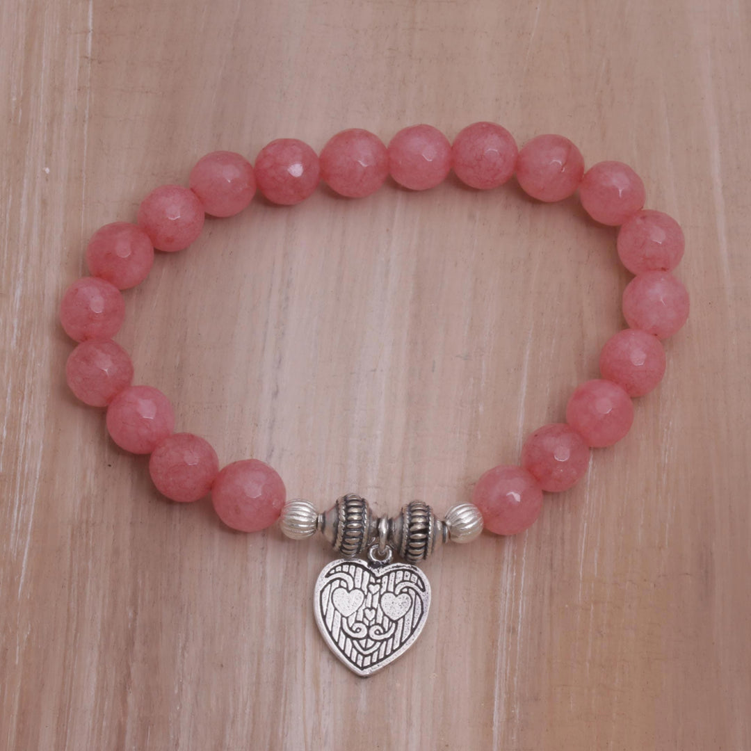 Pink Agate and Heart Charm Beaded Bracelet - Sentimental Charm
