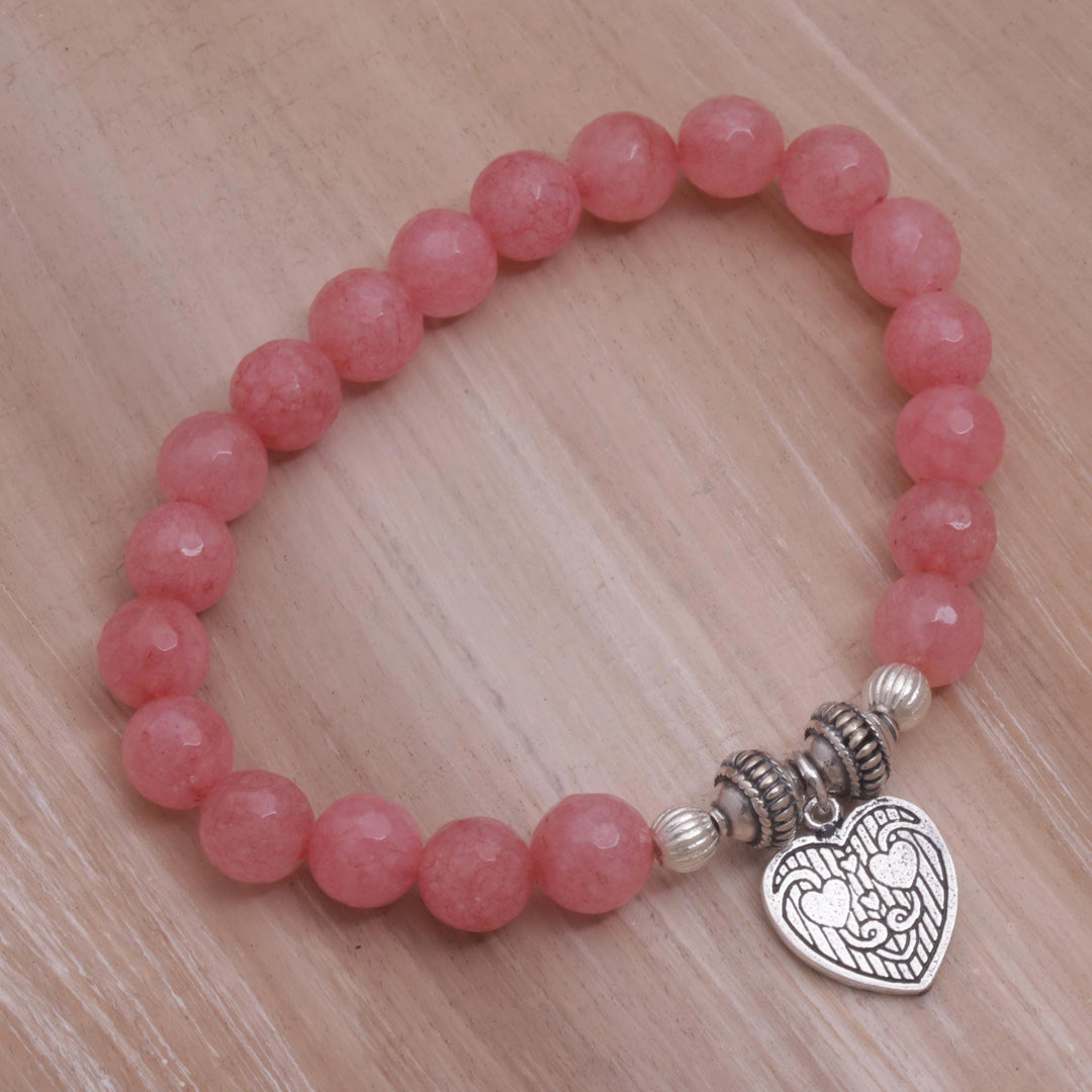 Pink Agate and Heart Charm Beaded Bracelet - Sentimental Charm