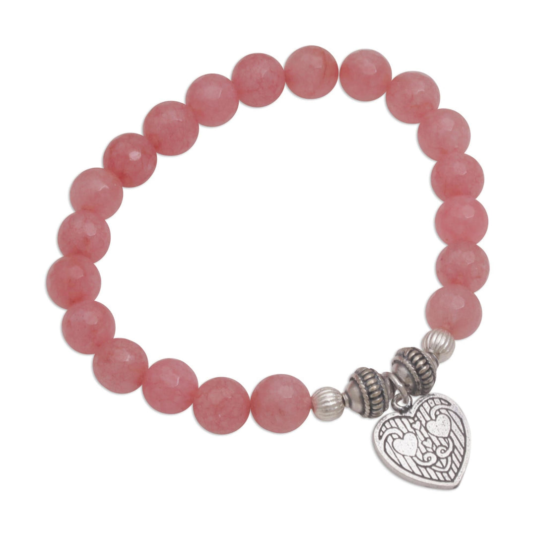 Pink Agate and Heart Charm Beaded Bracelet - Sentimental Charm