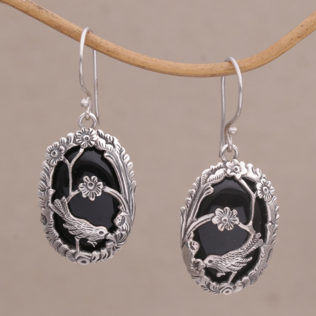 Onyx and Silver Bird-Themed Dangle Earrings - Avian Curiosity